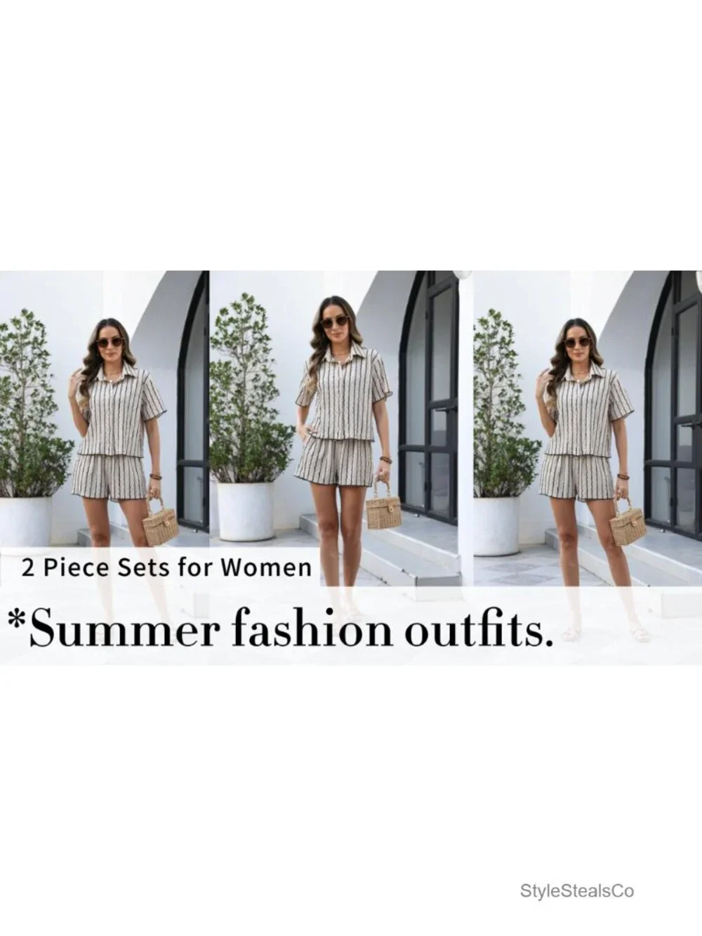 Women's 2-Piece Knit Short Set - Striped Button Up Shirt & Shorts Lounge Travel